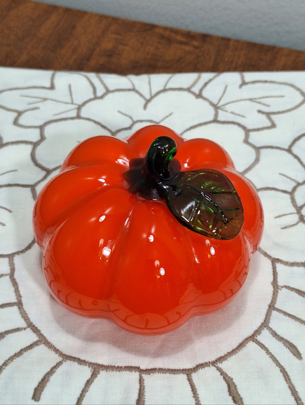 Glossy Orange Blown Art Glass 4 Inch Pumpkin Paperweight Fall Decor Halloween